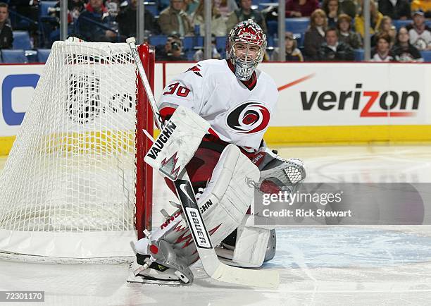Goaltender Cam Ward of the Carolina Hurricanes defends his net against the Buffalo Sabres on October 20, 2006 at HSBC Arena in Buffalo, New York. The...