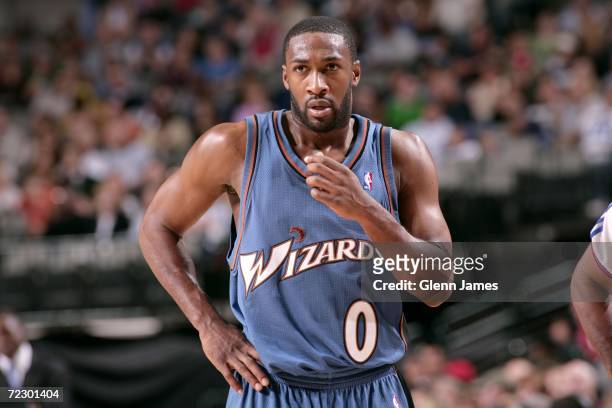 Gilbert Arenas of the Washington Wizards is on the court during the preseason game against the Dallas Mavericks on October 21, 2006 at the American...
