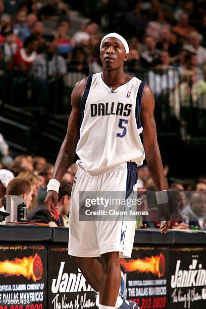 Josh Howard of the Dallas Mavericks walks on the court during the preseason game against the Washington Wizards on October 21, 2006 at the American...