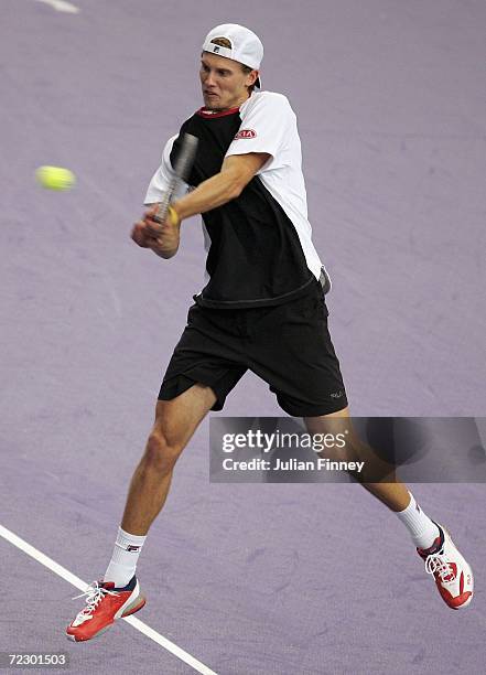 Andreas Seppi of Italy plays a backhand in his match against Paul-Henri Mathieu of France during day one of the BNP Paribas ATP Tennis Masters Series...