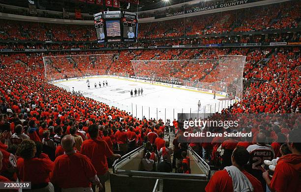 Fans show their support for the Flyers by wearing oranges shirts as the Tampa Bay Lightning prepare to take on the Philadelphia Flyers in Game four...