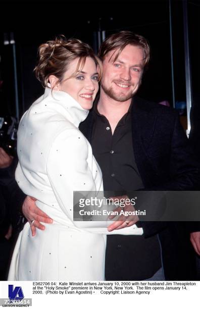 Kate Winslet arrives January 10, 2000 with her husband Jim Threapleton at the "Holy Smoke" premiere in New York, New York. The film opens January 14,...