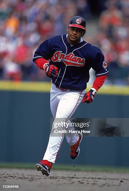 Manny Ramirez of the Cleveland Indians in action against the Texas Rangers at Jacobs Field in Cleveland, Ohio. The Indians defeated the Rangers 2-1....