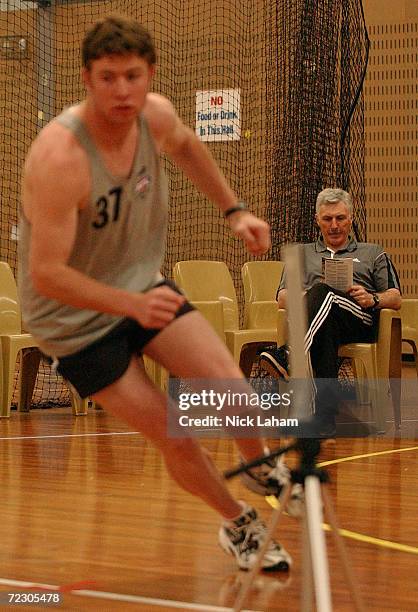 Collingwood coach Michael Malthouse watches on to an agility test at the 8th Official AFL Draft Camp held at the Australian Institute of Sport,...