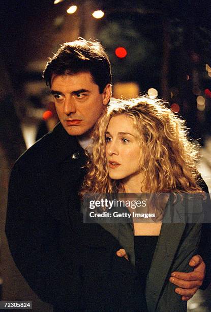 Actors Sarah Jessica Parker, as Carrie Bradshaw, and Chris Noth, John James Preston or Mr. Big, on the set of "Sex and the City".