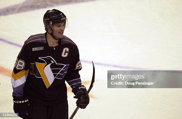 Jaromir Jagr leaves the ice after scoring the game winning goal in the third period as the Penguins defeated the Capitals 2-1 to win game five and...