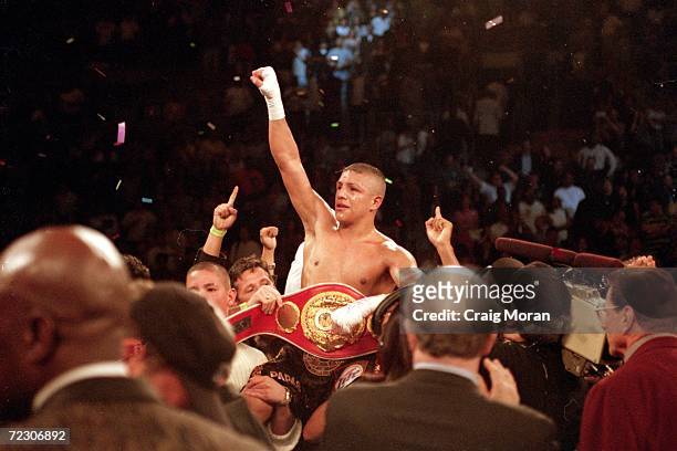 Fernando Vargas celebrates his victory over Ike Quartey during the IBF Junior Middleweight Championship at the Mandalay Bay Resort in Las Vegas,...