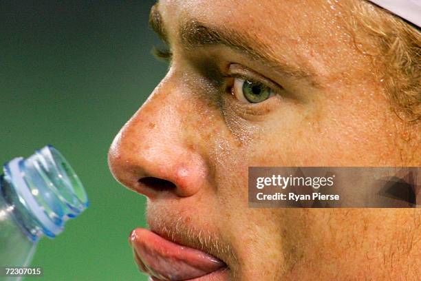 Lleyton Hewitt of Australia focuses in the break during his match against Marat Safin of Russia during the Men's Final during day fourteen of the...