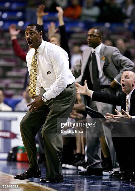 Head coach Ricardo Patton of the Colorado Buffaloes reacts to a call in the second half against the Texas Longhorns in Day 1 of the Phillips 66 Big...