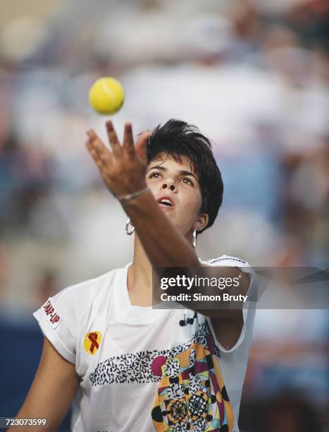 Jennifer Capriati of the United States serves to Leila Meskhi during their first round match of the Women's Singles at the US Open Tennis...