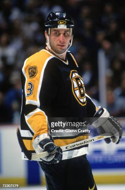 Right-winger Cam Neely of the Boston Bruins looks on during a game against the Anaheim Mighty Ducks at Arrowhead Pond on February 21, 1996 in...