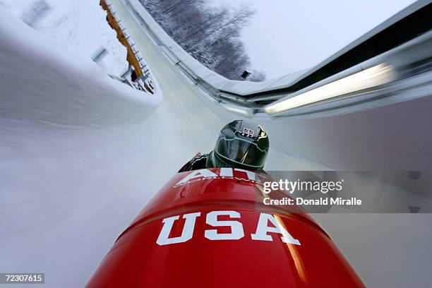 Driver Grayson Fertig and Lorenzo Hill of the U.S. Pilot their bobsled through the course at the Bobsled & Skeleton World Cup February 10, 2005 at...