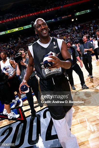 Michael Jordan of the Washington Wizards during practice before the 2002 NBA All Star Game at the First Union Center in Philadelphia,...