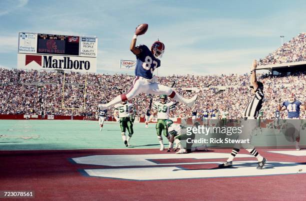 Wide receiver Andre Reed of the Buffalo Biils jumps in the air to celebrate scoring as the referee signals a touchdown during their AFC East football...