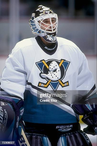 Goaltender Guy Hebert of the Anaheim Mighty Ducks looks on during the game against the St. Louis Blues at the Arrowhead Pond in Anaheim, California....