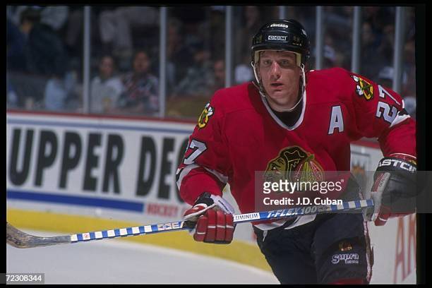 Center Jeremy Roenick of the Chicago Blackhawks moves down the ice during a game against the Anaheim Mighjty Ducks at Arrowhead Pond in Anaheim,...