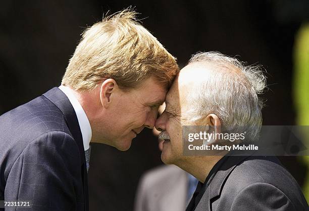 His Royal Highness The Prince of Orange of The Netherlands recieves a Hongi from Kaumatua Peter Love during a Maori welcome at Government House on...