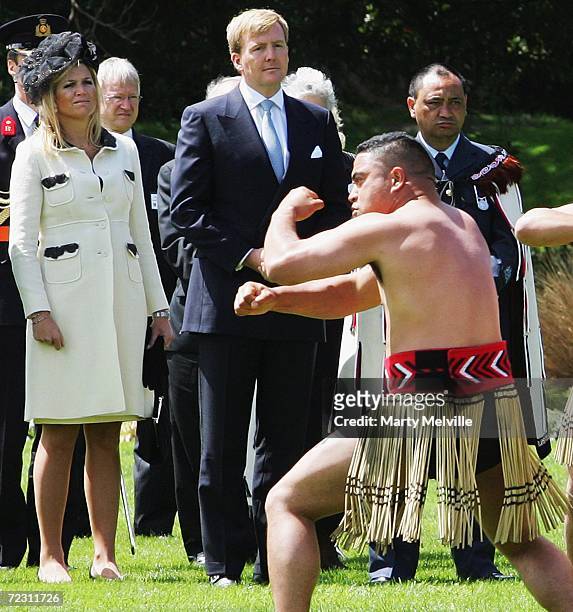 His Royal Highness The Prince of Orange and Her Royal Highness Princess Maxima of The Netherlands attend a Maori welcome at Government House on the...