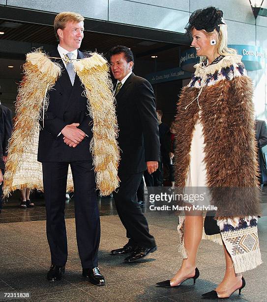 His Royal Highness The Prince of Orange and Her Royal Highness Princess Maxima of The Netherlands pose wearing Maori cloaks during a visit to Te Papa...