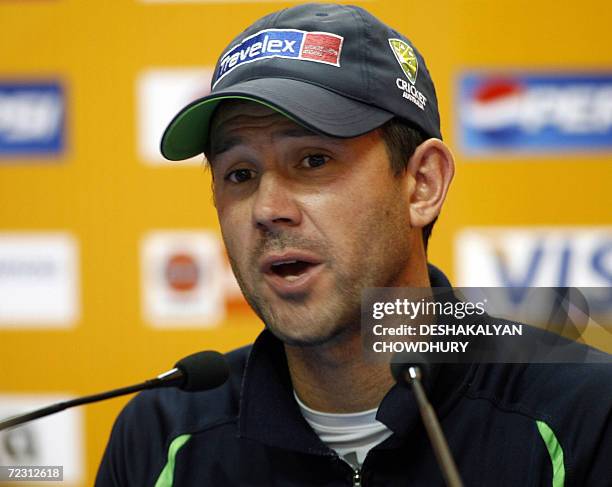 Australian cricket captain Ricky Ponting gestures as answers a question at a press conference at The Punjab Cricket Association Stadium in Mohali, 31...