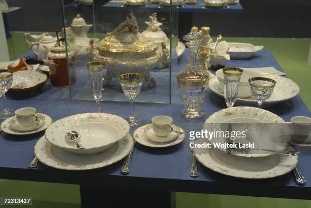 Bone china dinner set is displayed at the Moscow exhibition hall during the Millionaire Fair, October 28, 2006 in Moscow, Russia. Private wealth was...