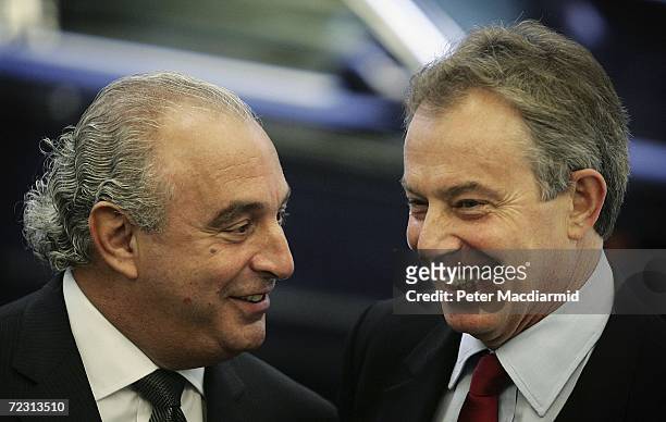 Chief Executive of the Arcadia Group Sir Philip Green meets with Prime Minister Tony Blair at the opening of the Fashion Retail Academy on October...