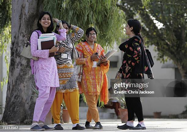 Pupils are seen at Fatima Jinnah Womens University on the third day of the Royal Tour of Pakistan on October 31, 2006 in Islamabad, Pakistan. Prince...