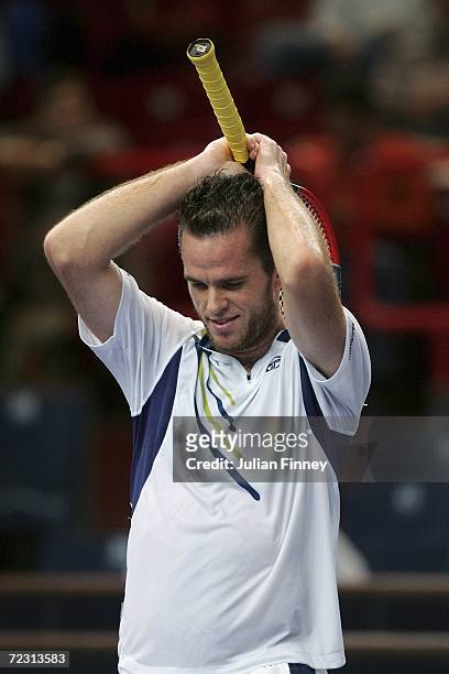 Frustrated Xavier Malisse of Belgium in his match against Sebastien Grosjean of France during day two of the BNP Paribas ATP Tennis Masters Series at...