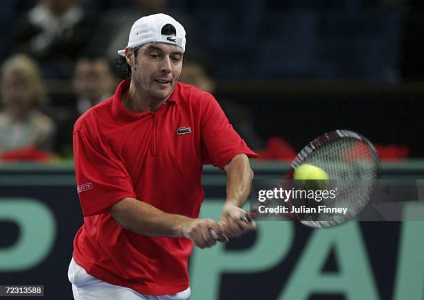 Sebastien Grosjean of France plays a backhand in his match against Xavier Malisse of Belgium during day two of the BNP Paribas ATP Tennis Masters...