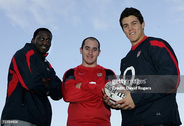 Paul Sackey, Shaun Perry and Anthony Allen pose during the England rugby union training session at Bisham Abbey on October 31, 2006 in Marlow, United...