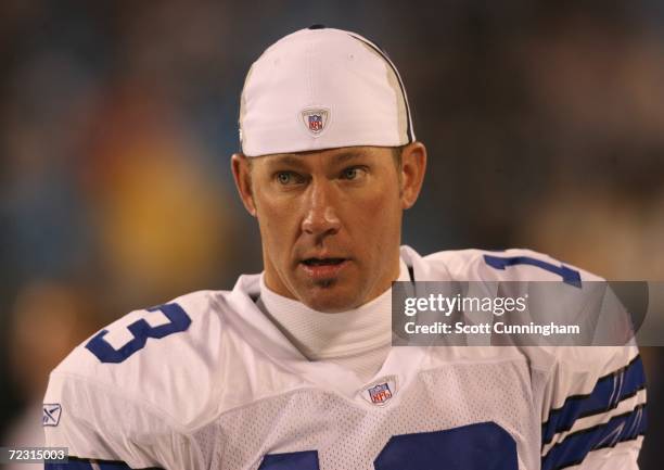 Mike Vanderjagt of the Dallas Cowboys watches the action against the Carolina Panthers at Bank Of America Stadium on October 29, 2006 in Charlotte,...