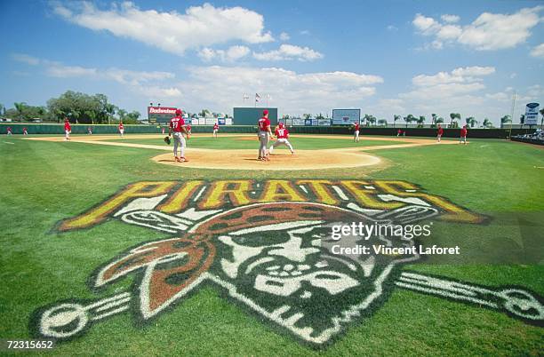 General view of the of the Pittsburgh Pirates logo painted on the field during the Spring Training game against the Philadelphia Phillies at the...