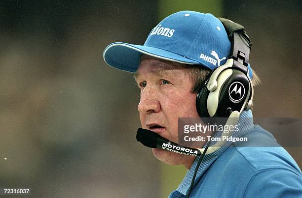 Coach Bobby Ross of the Detroit Lions looks on during the game against the St. Louis Rams at the Pontiac Silverdome in Pontiac, Michigan. The Lions...