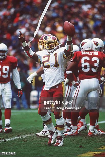 Running back Terry Allen of the Washington Redskins celebrates after scoring a touchdown during the Redskins 37-34 overtime loss to the Arizona...