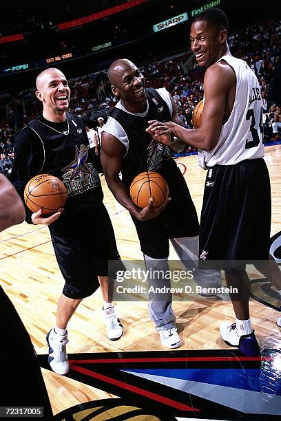 Jason Kidd of the New Jersey Nets, Michael Jordan of the Washington Wizards and Ray Allen of the Milwaukee Bucks during practice before the 2002 NBA...