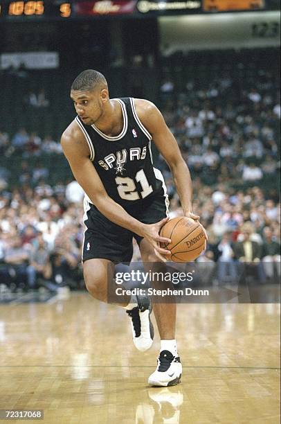 Tim Duncan of the San Antonio Spurs in action during the game against the Dallas Mavericks at the Reunion Arena in Dallas, Texas. The Spurs defeated...