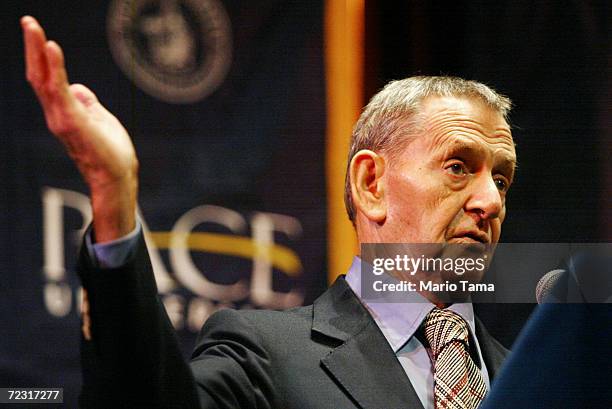 Actor Tony Randall speaks at at a press conference at Pace University February 21, 2002 in New York City. Randall announced the establishment of the...