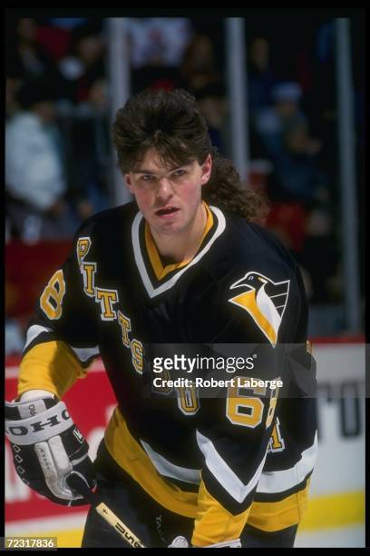 Rightwinger Jaromir Jagr of the Pittsburgh Penguins looks on during a game against the Montreal Canadiens at the Montreal Forum in Montreal, Quebec.