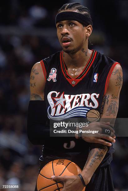 This is a close up of guard Allen Iverson of the Philadelphia 76ers. The picture was taken during the NBA game against the Washington Wizards at the...