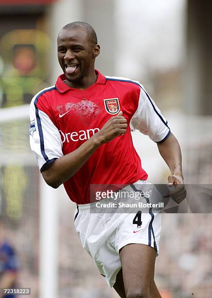 Patrick Vieira of Arsenal celebrates opening the scoring with an early goal during the FA Barclaycard Premiership match between Arsenal and...