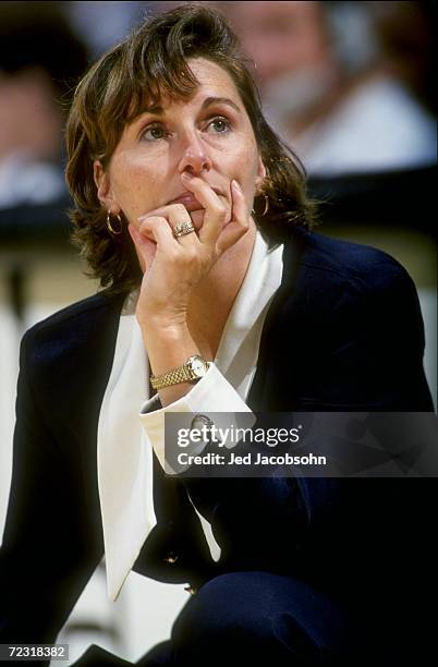 Head coach Gail Goestenkors of the Duke Blue Devils watches from the bench during the game against the Conneticut Huskies at the San Jose Arena in...