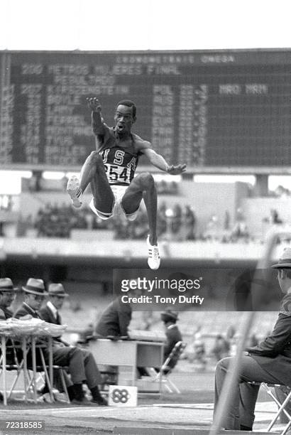 Bob Beamon of the USA breaking the Long Jump World Record during the 1968 Olympic Games in Mexico City, Mexico. Beamon long jumped 8.9 m , winning...