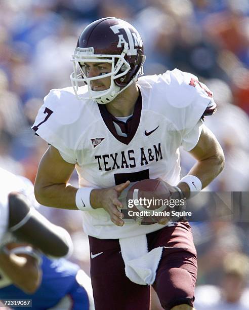 Quarterback Stephen McGee of the Texas A&M Aggies drops back with the ball during the game against the Kansas Jayhawks on October 7, 2006 at Memorial...