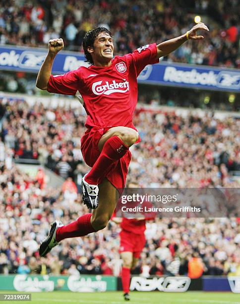 Luis Garcia of Liverpool jumps for joy after scoring the third goal during the FA Barclays Premiership match between Liverpool and West Bromwich...