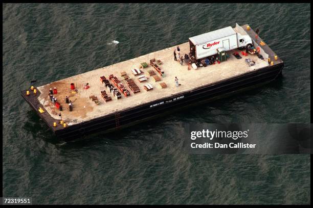An aerial view of Brad Pitt and Jennifer Aniston's firework barge anchored off their wedding venue, July 29, 2000 in Malibu, CA.