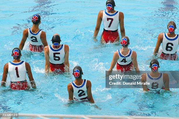 The Dominican Republic performs their routine during the Synchronized Swimming Team Event, Technical Routine at the Aquatics Center on August 13,...