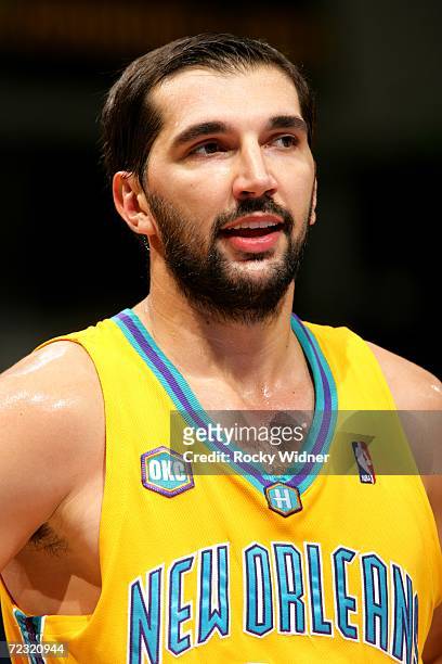 Peja Stojakovic of the New Orleans/Oklahoma City Hornets is on the court during the preseason game against the Sacramento Kings on October 24, 2006...