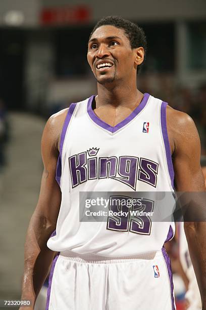 Ron Artest of the Sacramento Kings smiles during the preseason game against the New Orleans/Oklahoma City Hornets on October 24, 2006 at ARCO Arena...