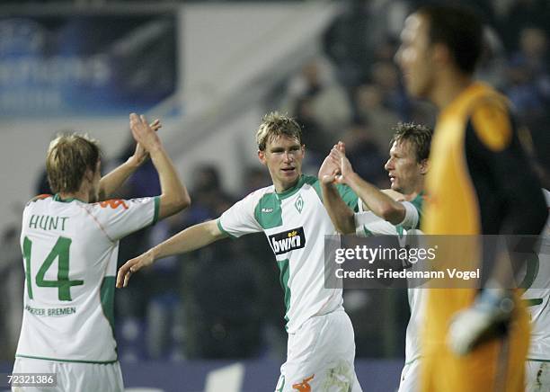 Aaron Hunt, Per Mertesacker and Jurica Vranjes of Bremen celebrates after the second goal as Nikolay Mihaylov of Sofia looks dejected during the UEFA...