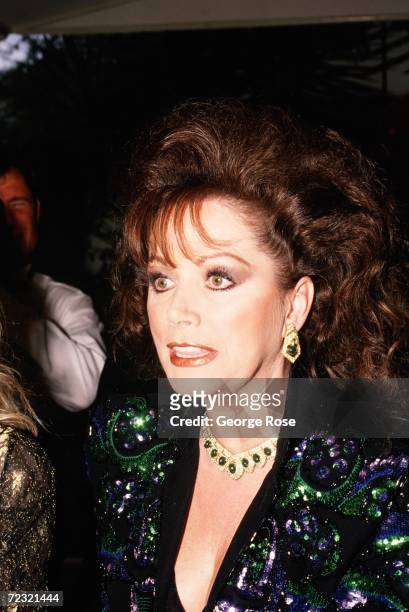 Author Jackie Collins, arrives Irving "Swifty" Lazar's Oscar Party hosted at Spago on March 29, 1989 in West Hollywood, California. Collins is the...